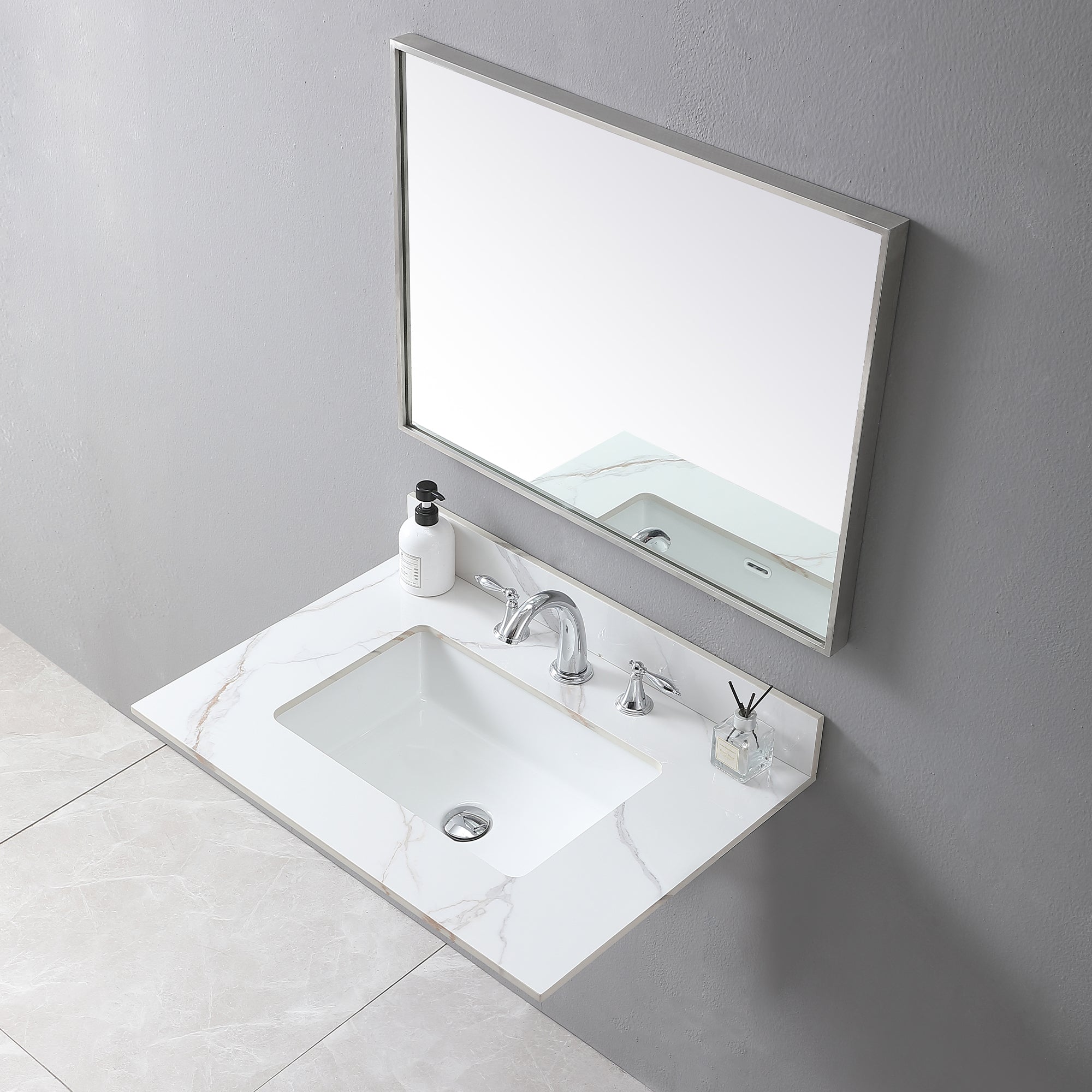 Montary 31inch bathroom vanity top stone carrara gold  new style tops with rectangle undermount ceramic sink  and back splash with 3 faucet hole  for bathrom cabinet