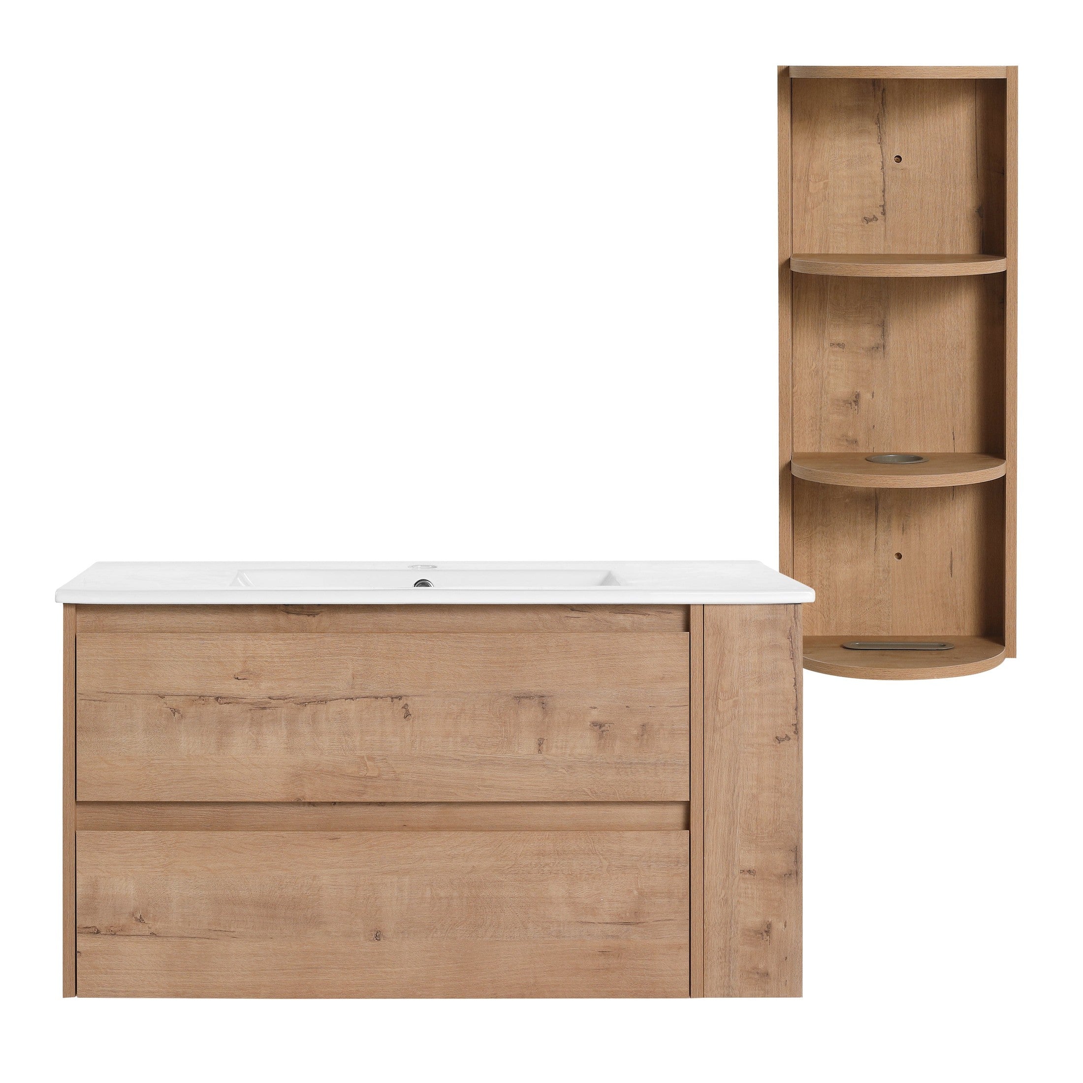 Modern 36' Wall-Mounted Bathroom Vanity with Ceramic Sink and Storage Rack, 2 Soft Close Drawers, Imitative Oak Finish