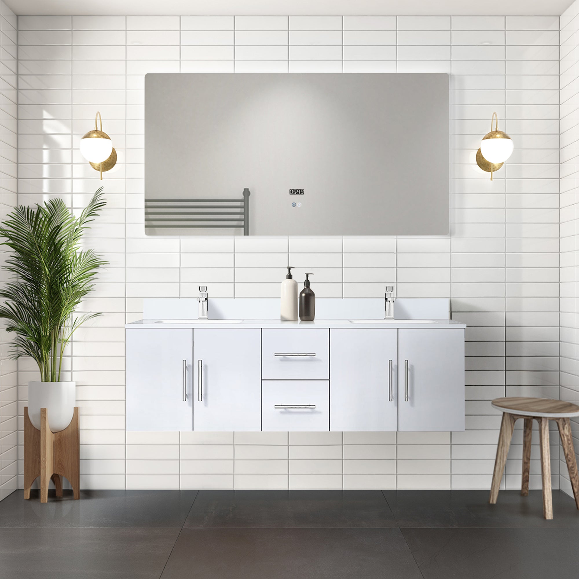 Glossy White Double Bath Vanity 60 in. W x 22 in. D, with White Quartz Top