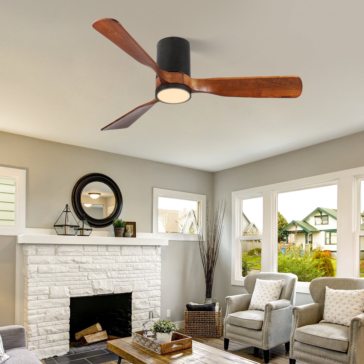 42 in. LED Indoor/Outdoor Flush Mount Matte Black Ceiling Fan with Wood Blades, 6-Speed DC Remote Control