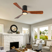 42 in. LED Indoor/Outdoor Flush Mount Matte Black Ceiling Fan with Wood Blades, 6-Speed DC Remote Control