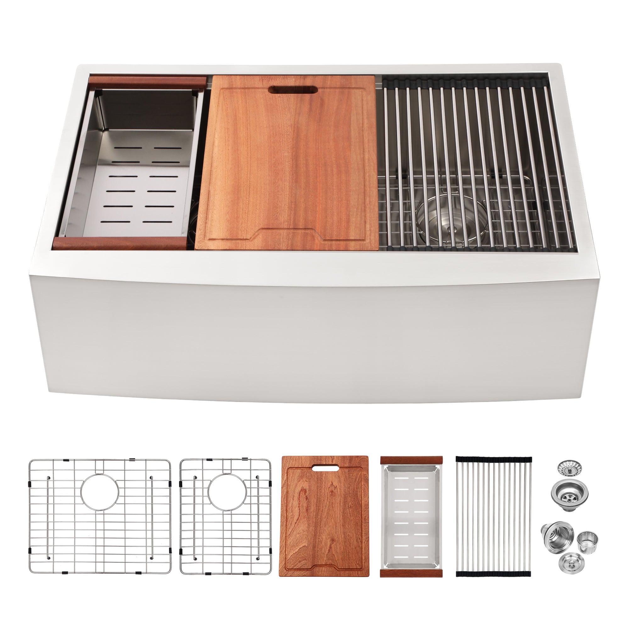 Brushed Nickel Double Bowl Farmhouse Sink Workstation 33 Inch Stainless Steel 16 Gauge Apron Front