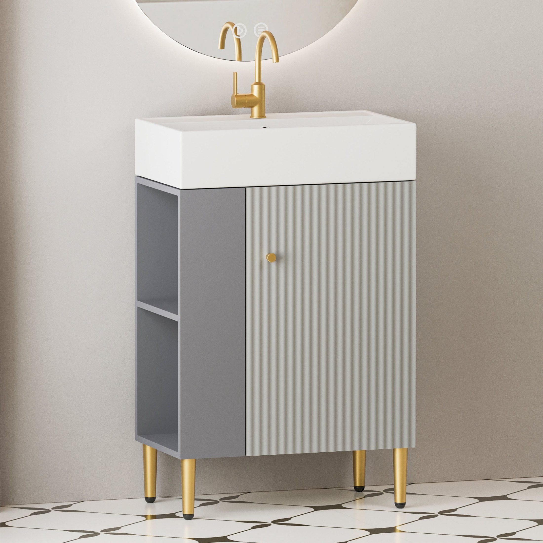 21.6' Open-shelving Bathroom Vanity with Ceramic Sink and Soft-Closing Door, Cloakroom Open Shelf Storage Cabinet on the Left Side, Assembly Required, Grey 24VB06-21MGL***CONTACT SELLER FOR STOCK***