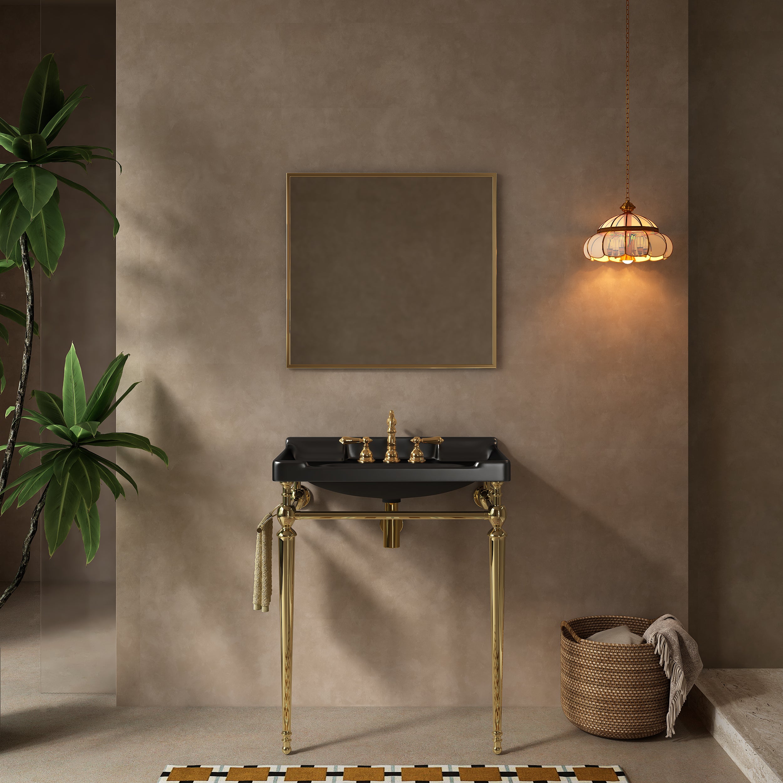 VICI 28' Bathroom Console Sink, Wall-Mounted Black Ceramic Vanity Basin with 3 Pre-drilled Faucet Holes, Freestanding Stainless Steel Support Legs with Towel Bar, No Faucet, Gold Color
