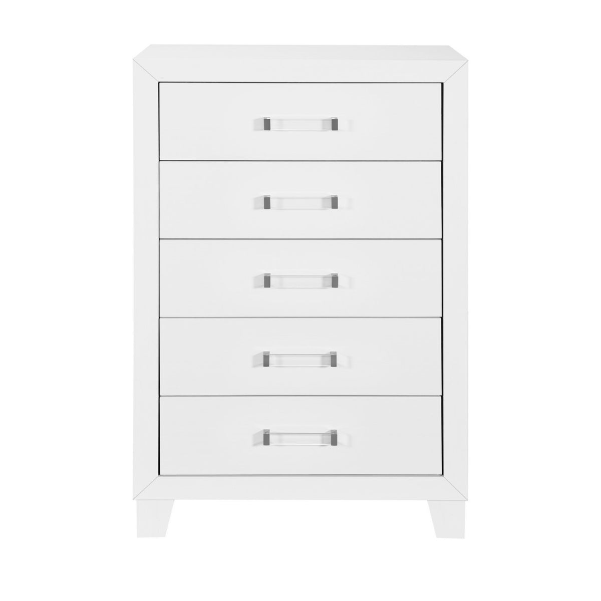 OMODA Contemporary White Chest with Modern Acrylic Hardware and Rubber Wood Construction