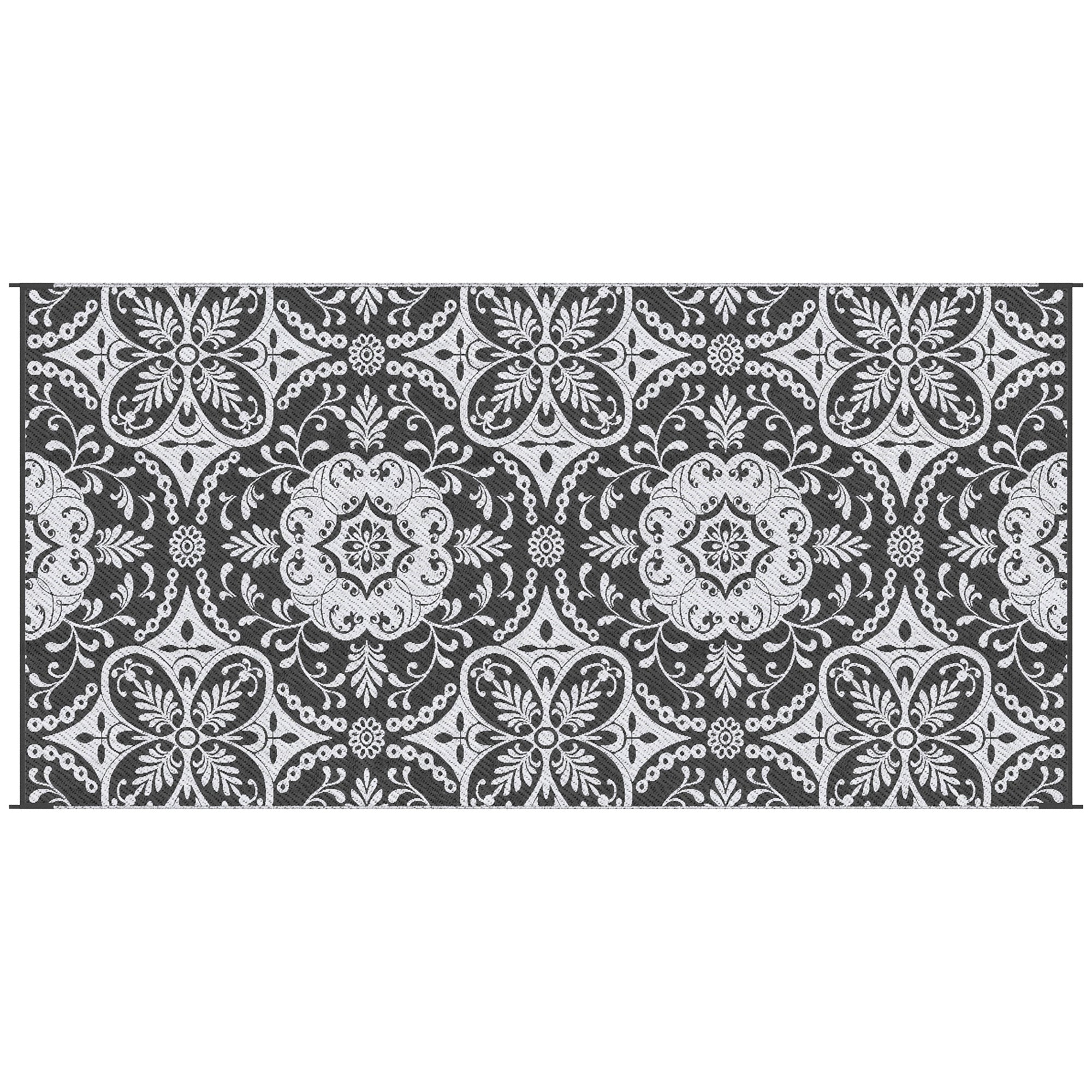 Outsunny Reversible Outdoor Rug, 9' x 18' Waterproof Plastic Straw Floor Mat, Portable RV Camping Carpet with Carry Bag, Large Floor Mat for Backyard, Deck, Picnic, Beach, Gray & White Floral