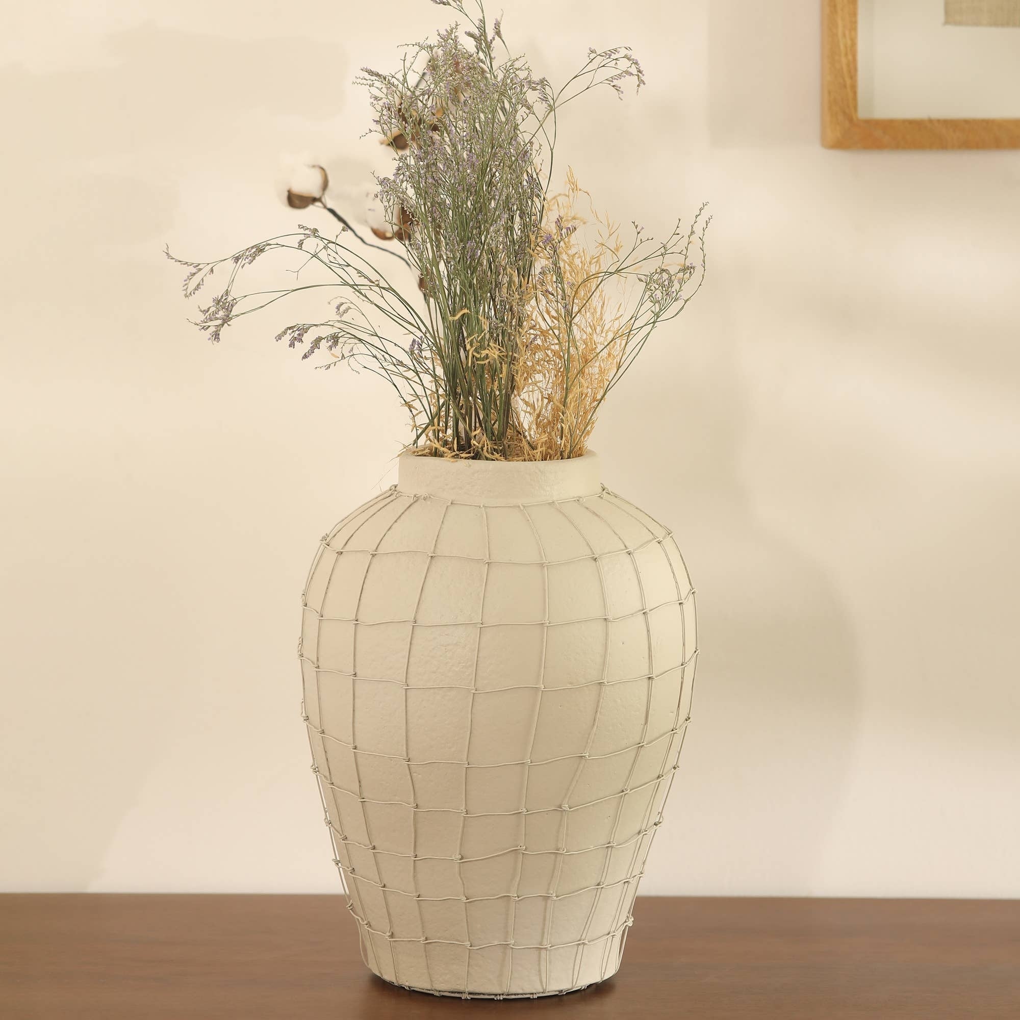 Handmade Off-White Small Terracotta Vase with Wireframe – Decorative Table Accent-9.75X9.75X12'