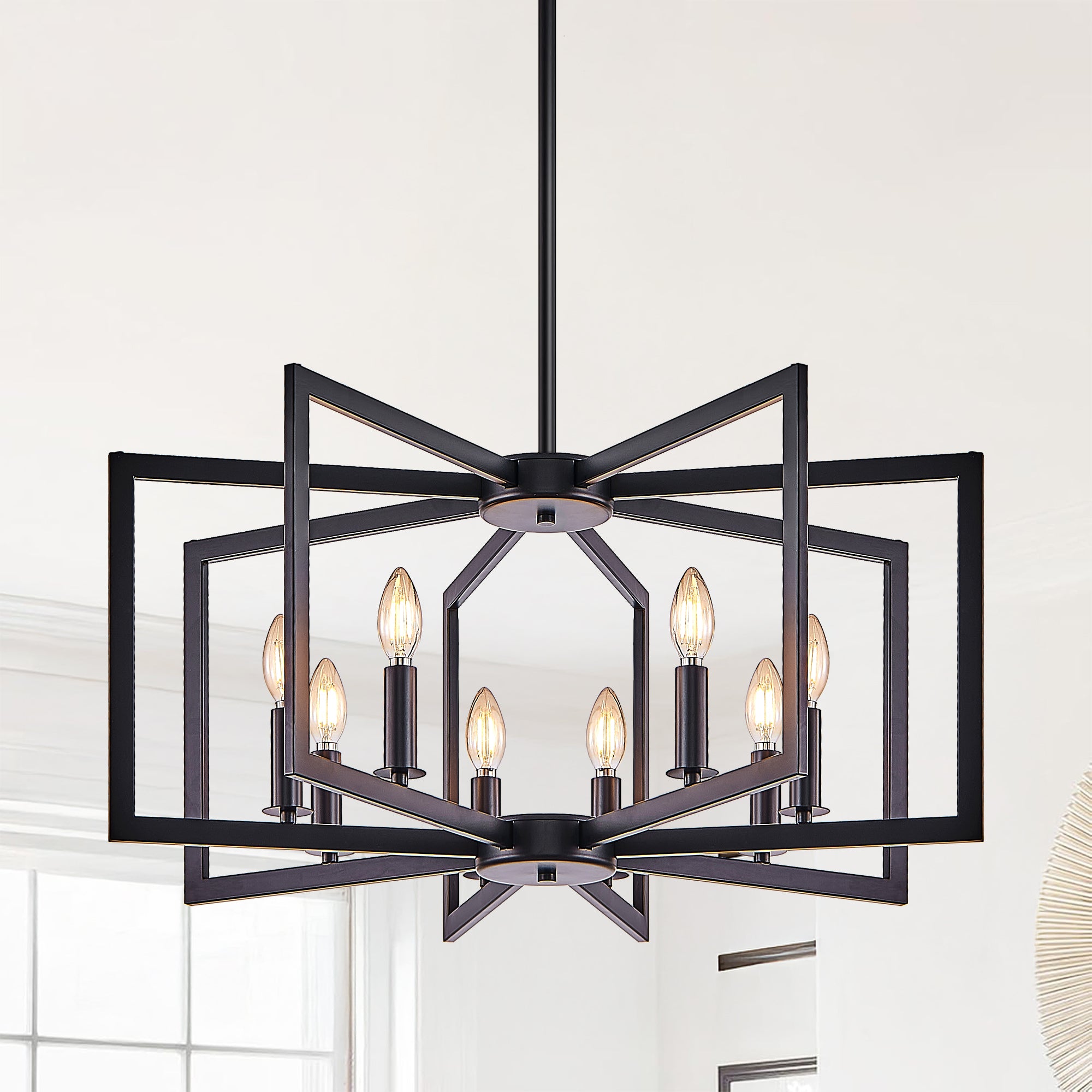 27' Modern Black Geometric 8-Light Chandelier – Industrial Metal Pendant Light Fixture for Living Room, Dining Room, or Kitchen (Bulb Not Included)