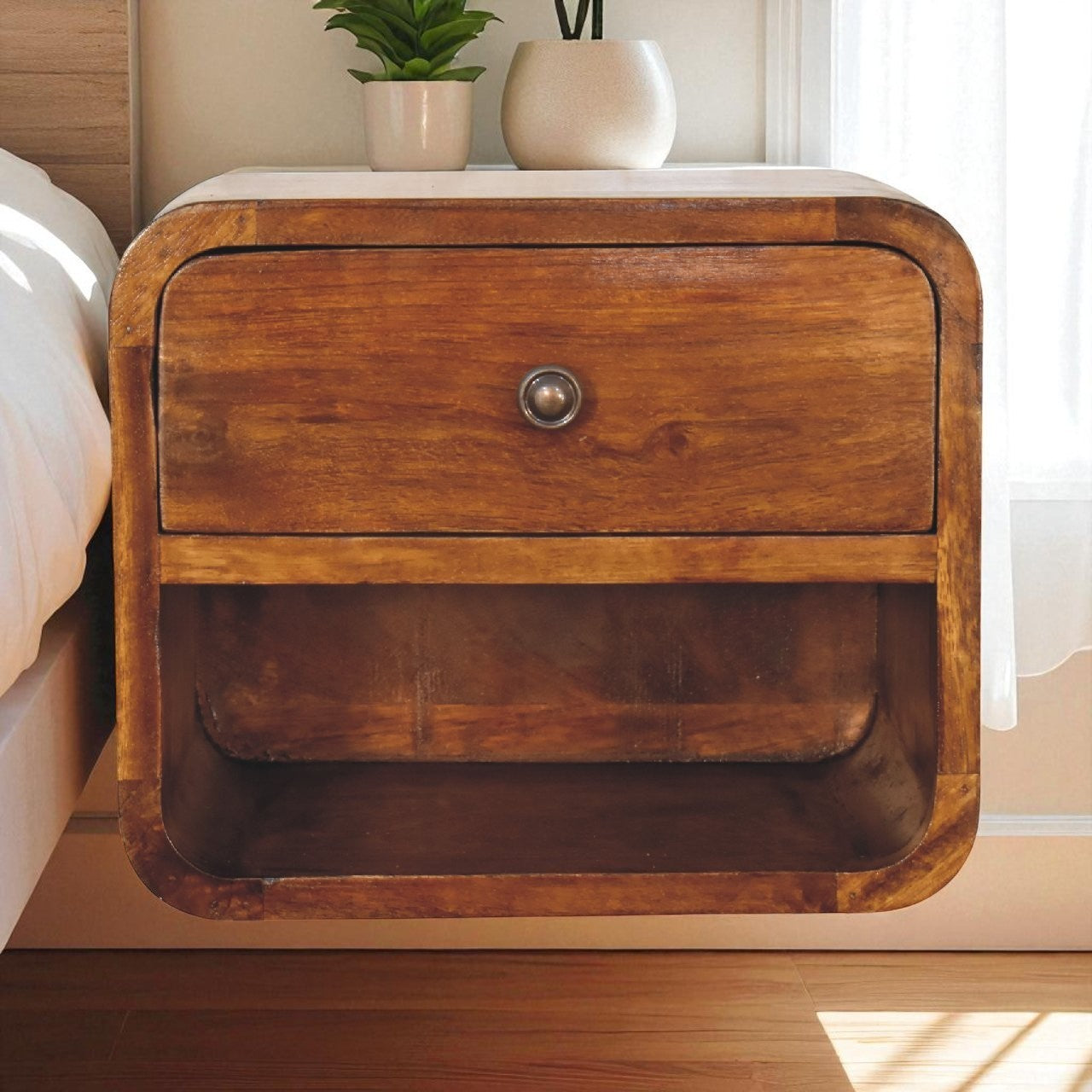 Solid Wood Mini Curve Floating Nightstand, 1-Drawer, 1 Open Slot, Chestnut