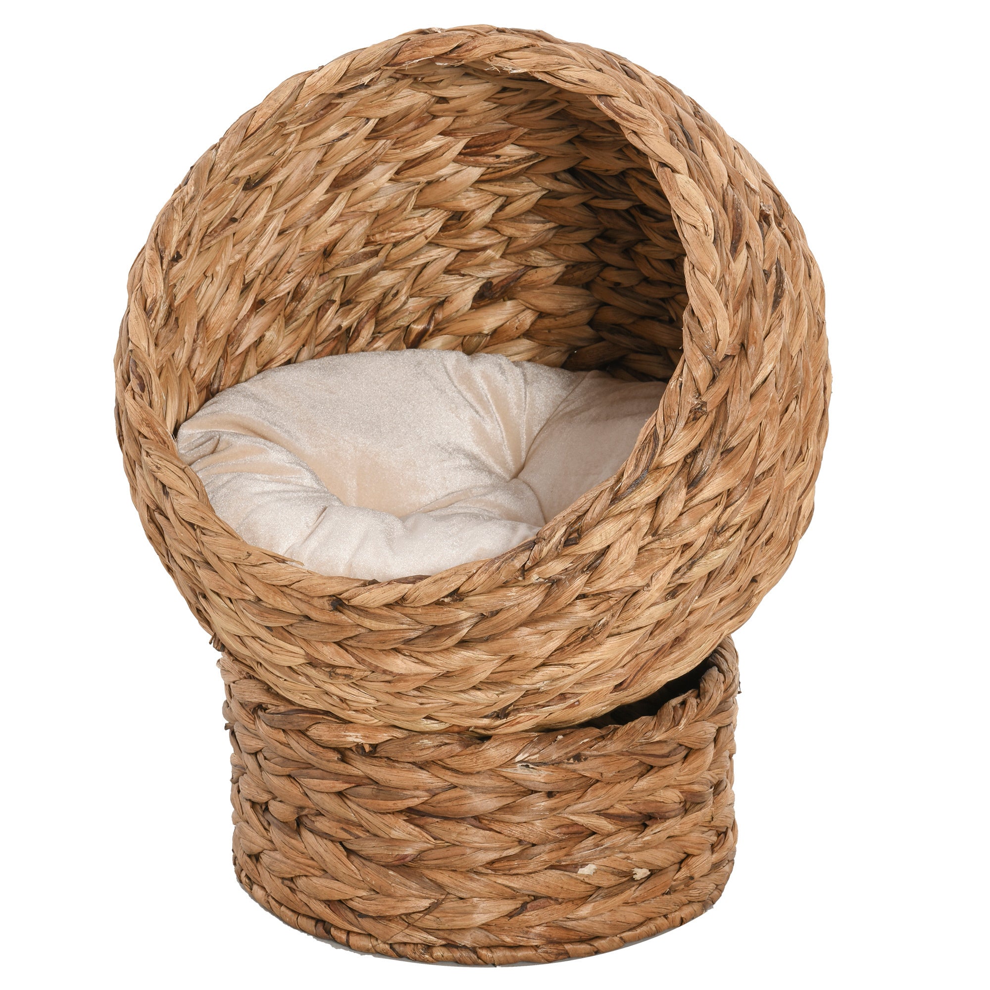 PawHut Handwoven Elevated Cat Bed with Soft Cushion & Cat Egg Chair Shape, Cat Basket Bed Kitty House with Stand, Raised Wicker Cat Bed for Indoor Cats, 23.5' H, Brown