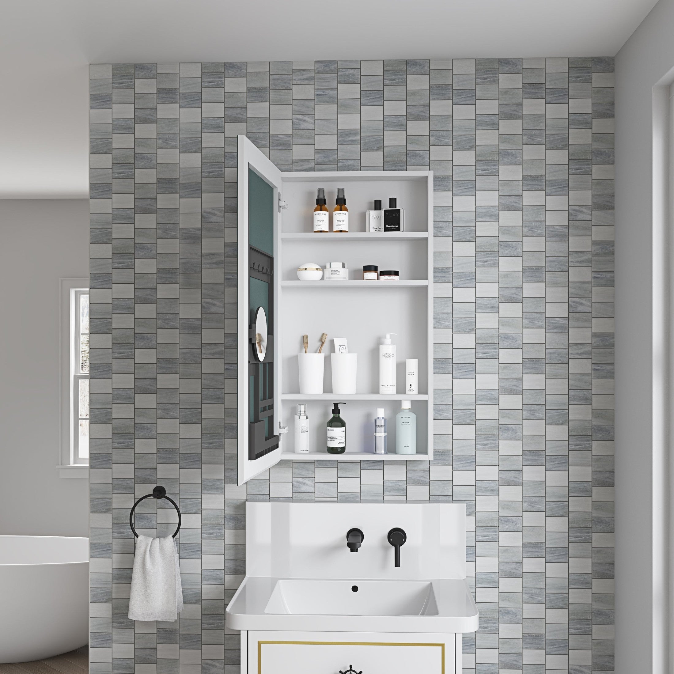 20'' W x 36'' H Surface Frameless Mirror Medicine Cabinet, Beveled Mirror Edges Bathroom Medicine Cabinet, Left opening door