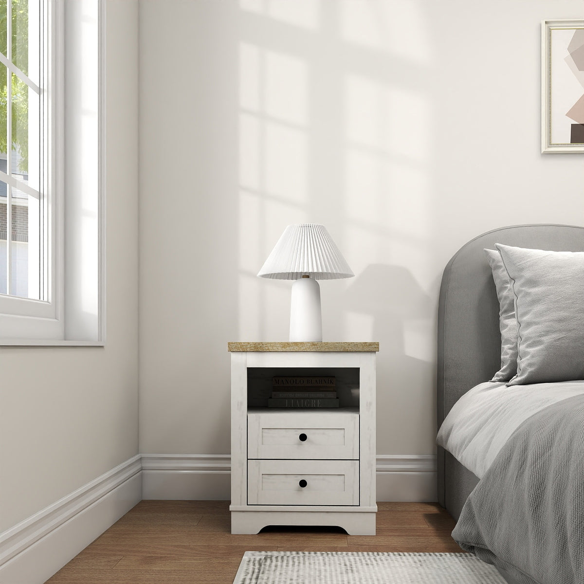 Farmhouse Nightstand , End Table, Side Table with 2 Drawers Storage Cabinet for Bedroom, Living Room, Farmhouse Design, Wood Rustic, Antique White