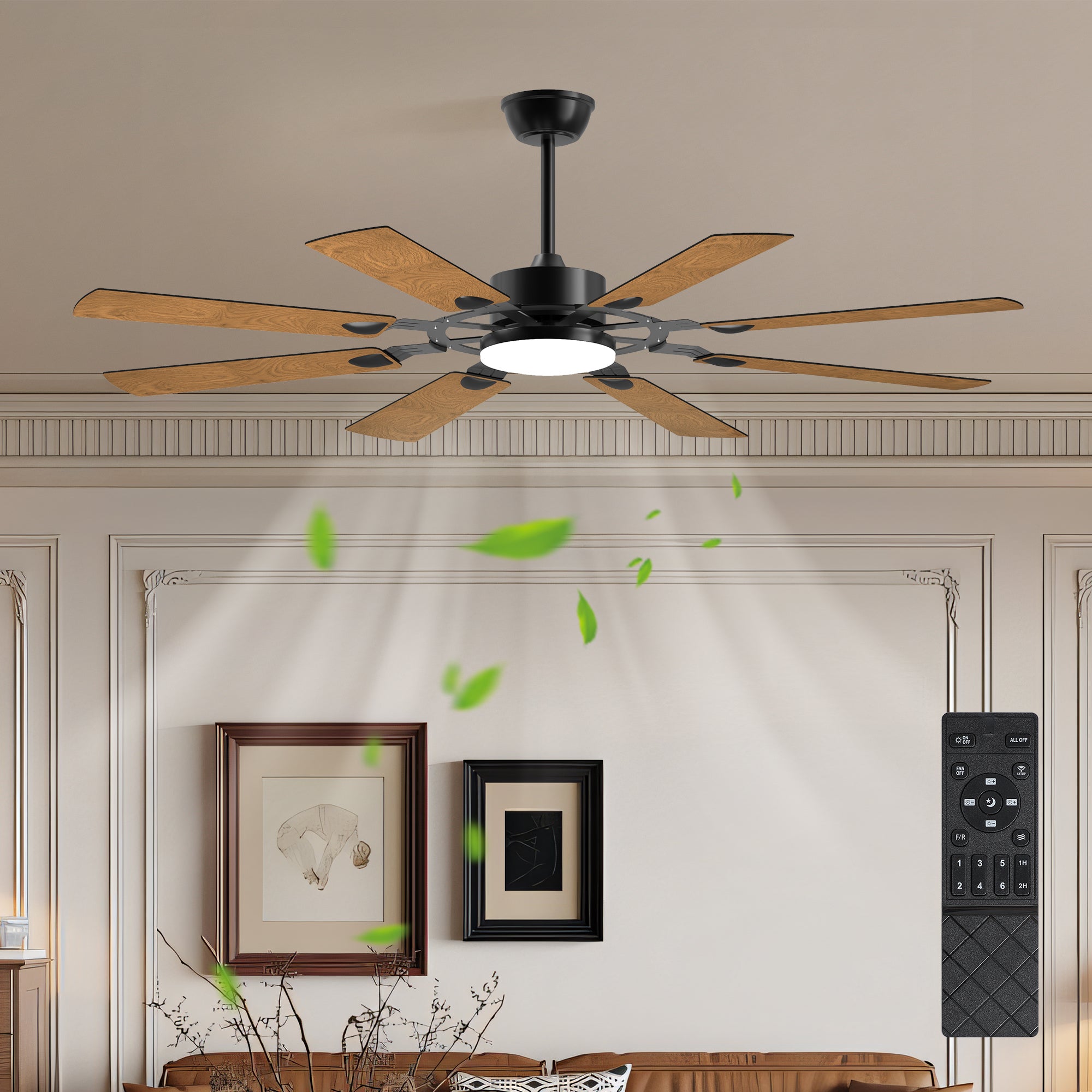 60 Inch Ceiling Fan with Lights and Remote Control, 8 Plywood Blades, 6-Speed Noiseless Reversible DC Motor, 3CCT, Windmill Ceiling fan for Kitchen Bedroom Living Room, Black
