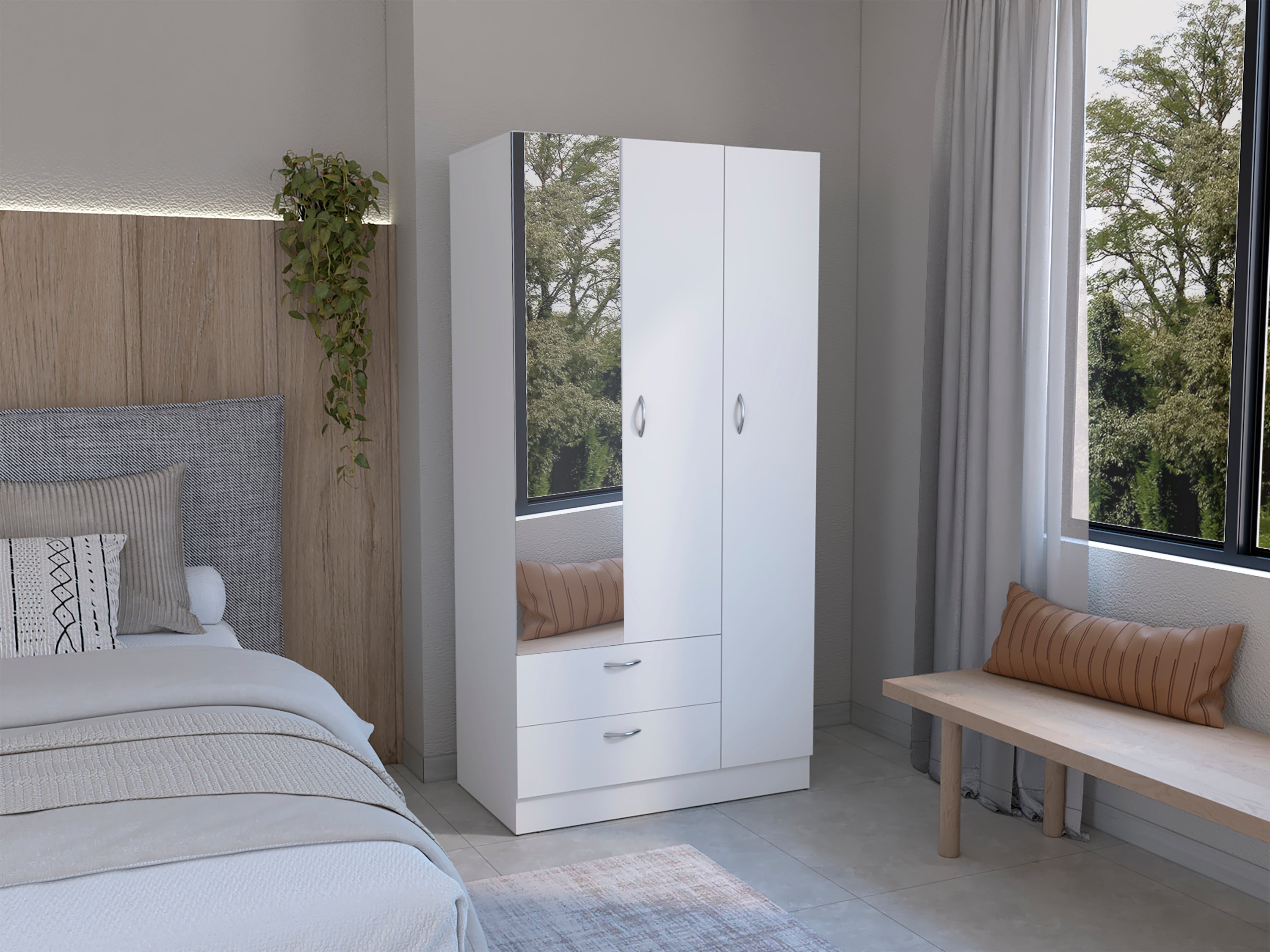 Riverside 3 Door Mirrored Armoire with Two Drawers, Four Shelves, and Hanging Rod White