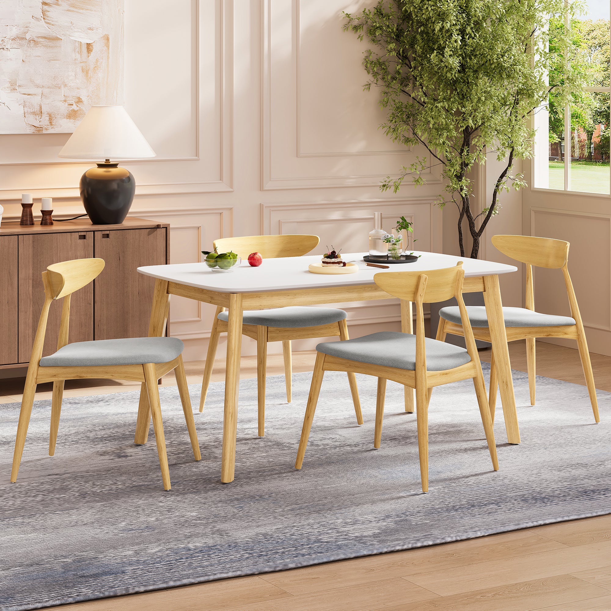 5-Piece Dining Set, 1 Table + 4 Chairs, Rubberwood Frame, Ergonomic Chairs & Faux Wood Table, Beige+Natural+White Oak
