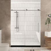Frameless shower door 56-60 'W x 76' H, 1/4 '(6 mm) Clear Tempered Glass, Explosion Proof Film, Stainless Steel Handle,Brushed Nickel