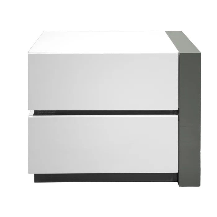 Modern Lacquer Nightstand Table with 2 Drawer for Bedroom Living Room, Wooden Bedside Table, White/Silver