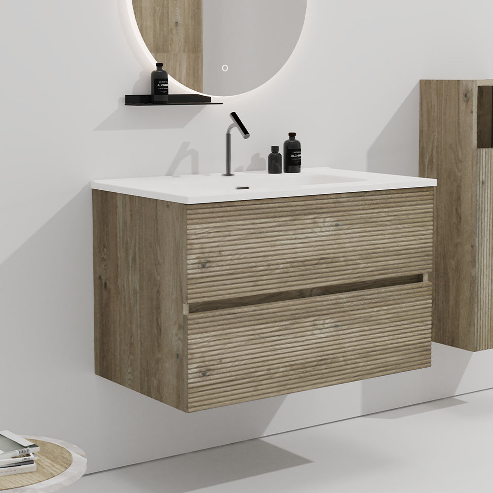 Gloria 30' Wall Mounted Rough Oak&Rough Oak Bathroom Vanity with Integrated Ceramic Sink with Overflow, Large Storage Floating Bathroom Vanity for Modern Bathroom, KD