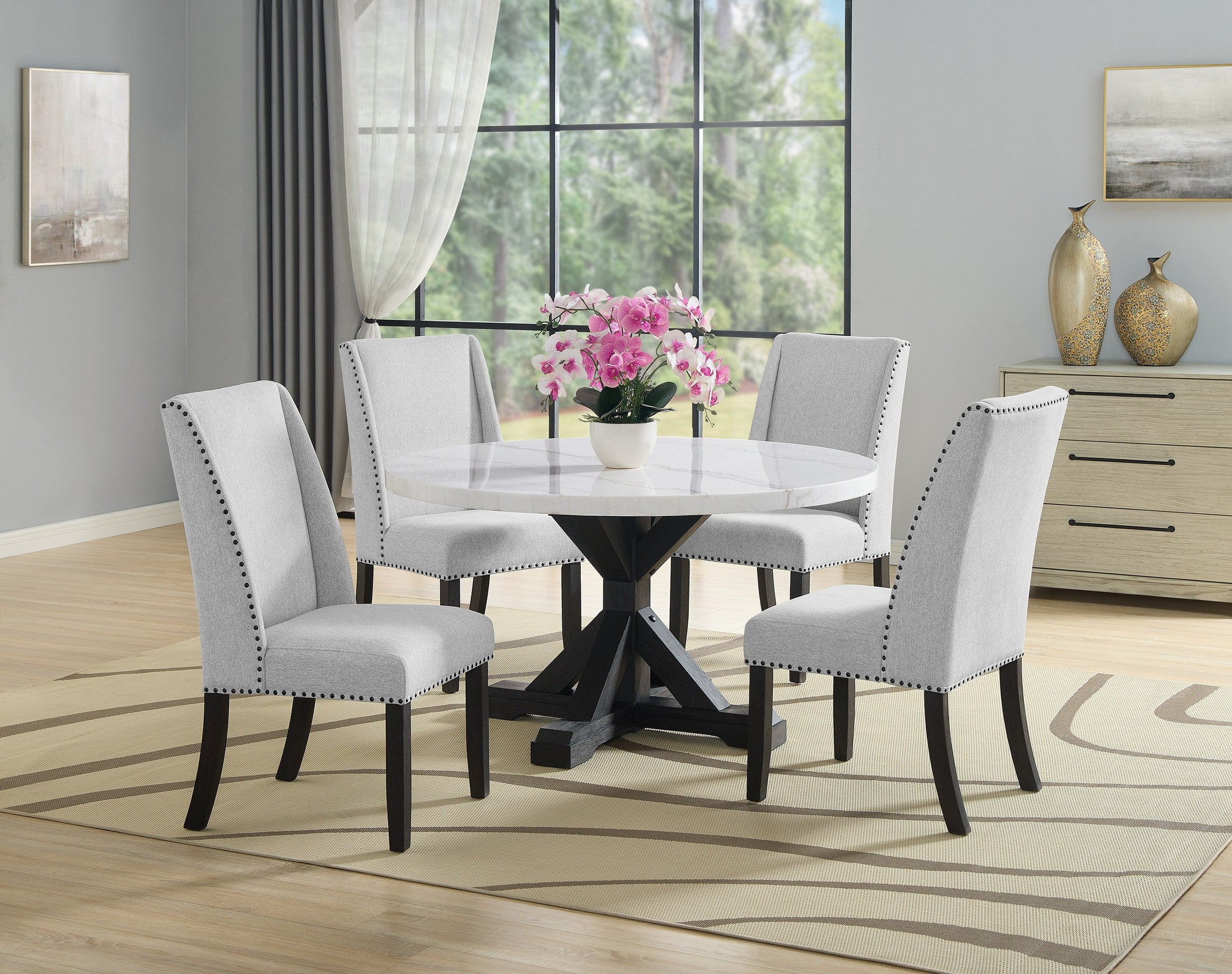 5pc Dining Set Contemporary Style White Genuine Marble Round Table Top Dove Gray Upholstery Wing Back Chairs Black Finish Wooden Solid Wood Dining Room Furniture