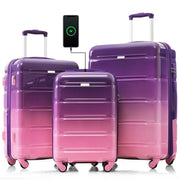Luggage Set of 3, 20-inch with USB Port, Airline Certified Carry-on Luggage  , ABS+PC Hard Shell Luggage with Spinner Wheels,purple and pink