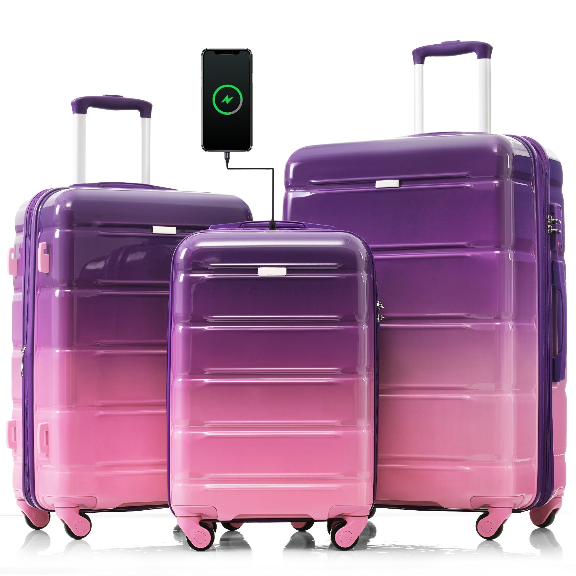 Luggage Set of 3, 20-inch with USB Port, Airline Certified Carry-on Luggage  , ABS+PC Hard Shell Luggage with Spinner Wheels,purple and pink