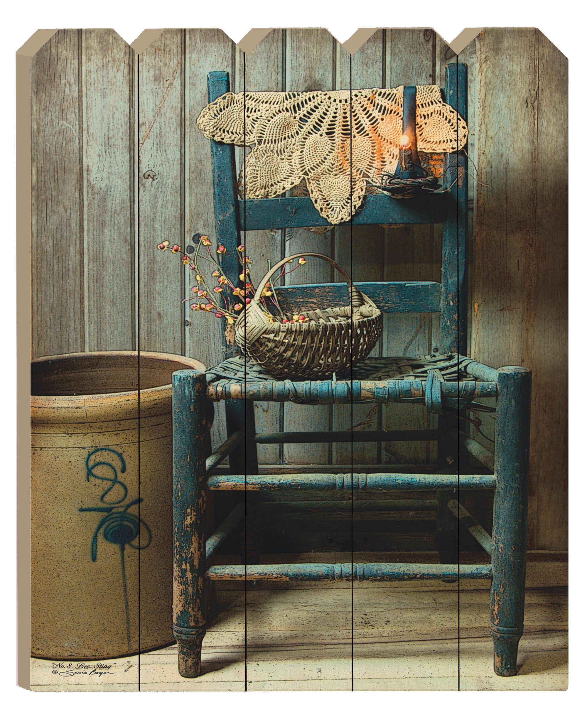 'This Old Chair' By Artisan Susie Boyer, Printed on Wooden Picket Fence Wall Art