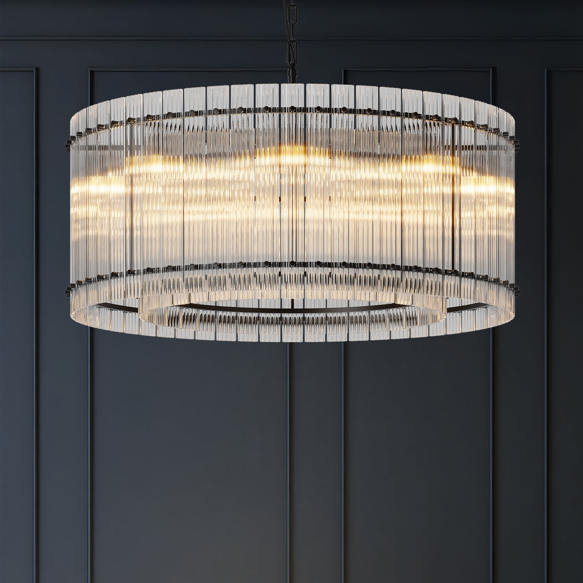 37' Modern Black Round Chandelier,2-Tier 8-Light Water Ripple Crystal Glass Chandeliers,for Dining Room,Living Room,Bedroom,High Ceiling,Foyer Entryway,Luxury Chandelier