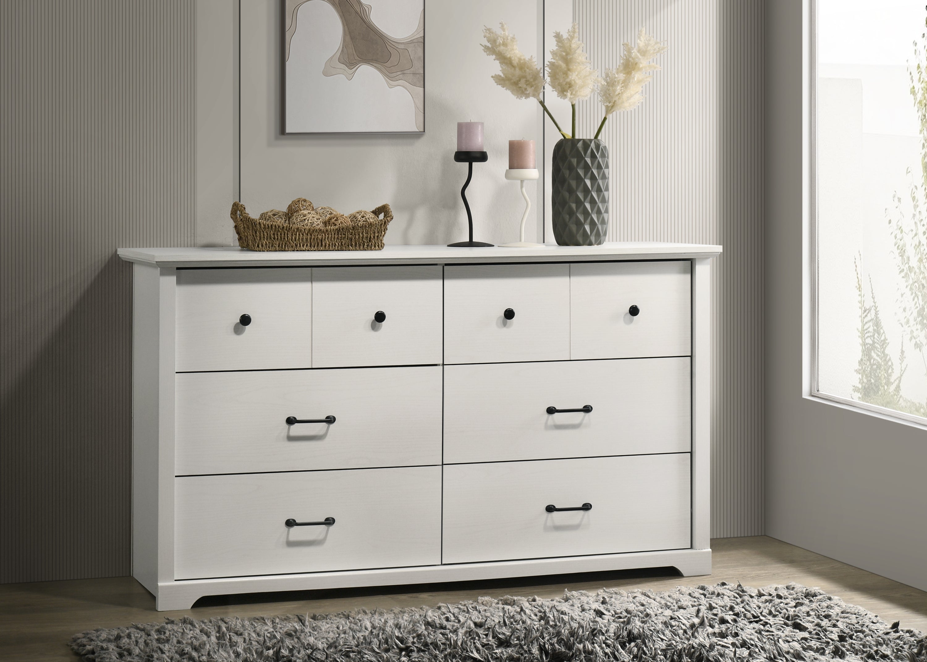 Elara 57'W White 6-Drawer Dresser with Black Handles