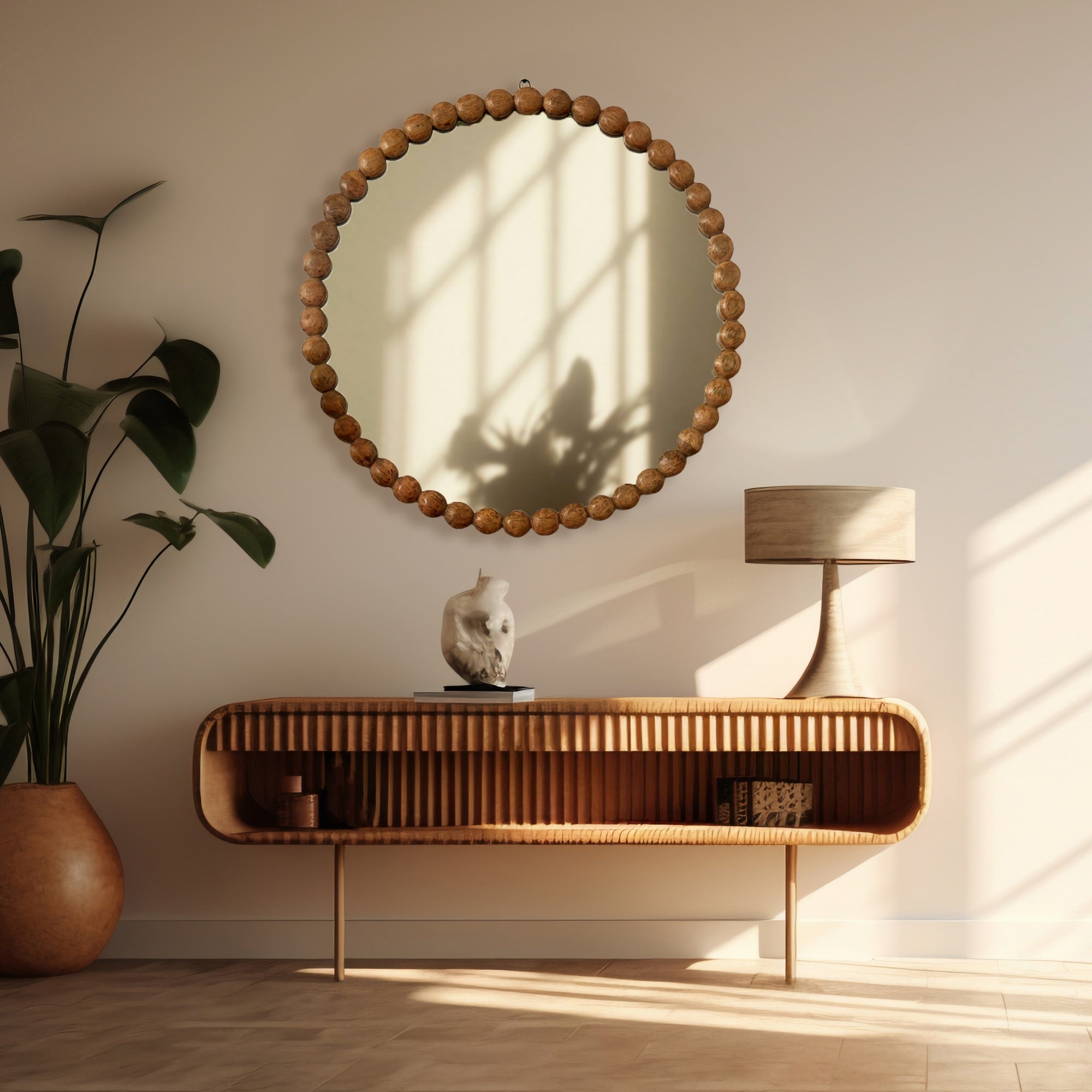 Decorative Round Hanging Wall Mirror with Natural Wooden Bead Design Frame, 32' Mango Wood