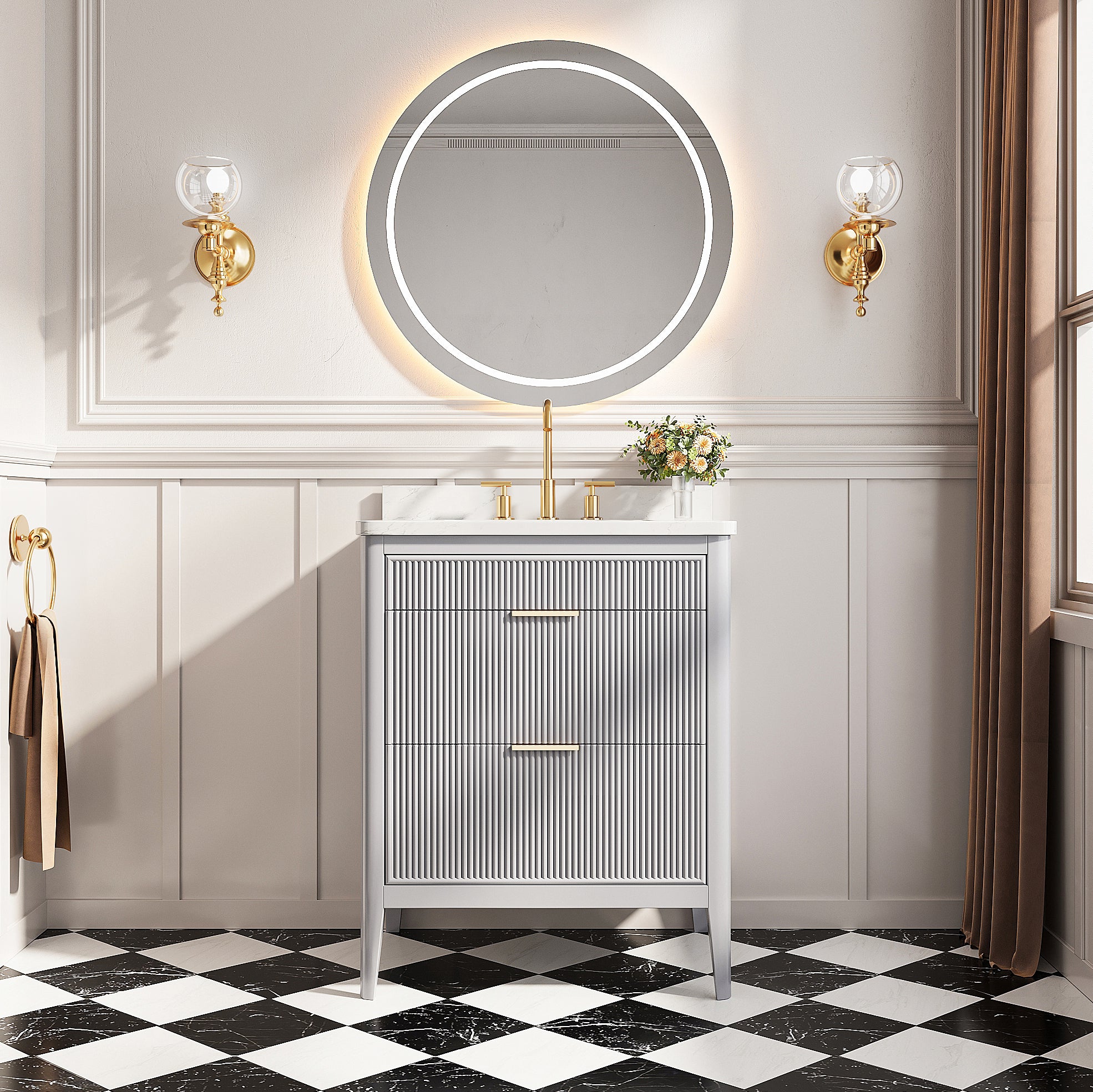 Fully Assembled 30''  Grey Freestanding Single Sink Bathroom Vanity with 2 Handle Sets and Engineered Marble Top