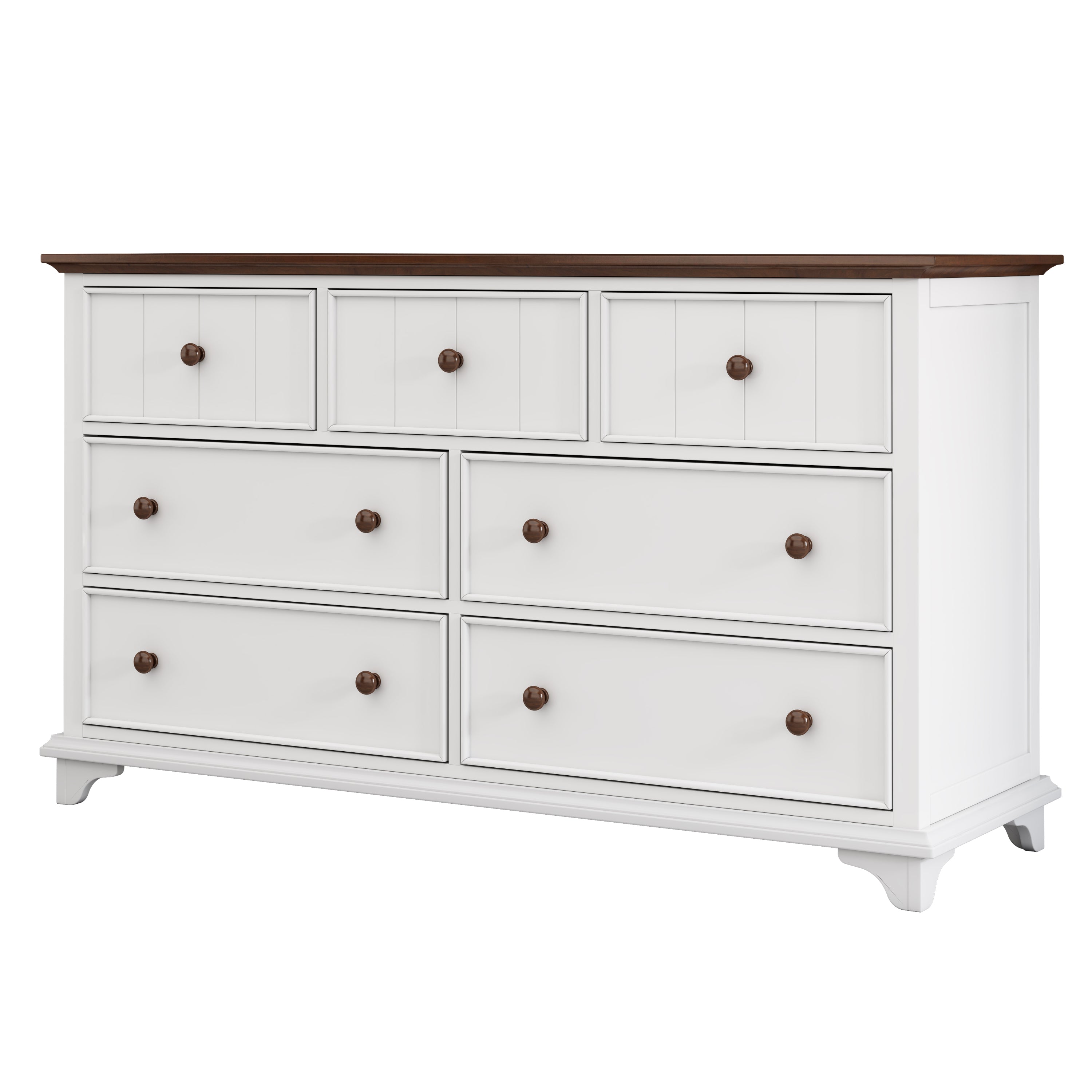 Wooden Captain Seven-Drawer Dresser for Bedroom, Living Room, Kids' Room, White+Walnut, Pinewood+MDF+Plywood