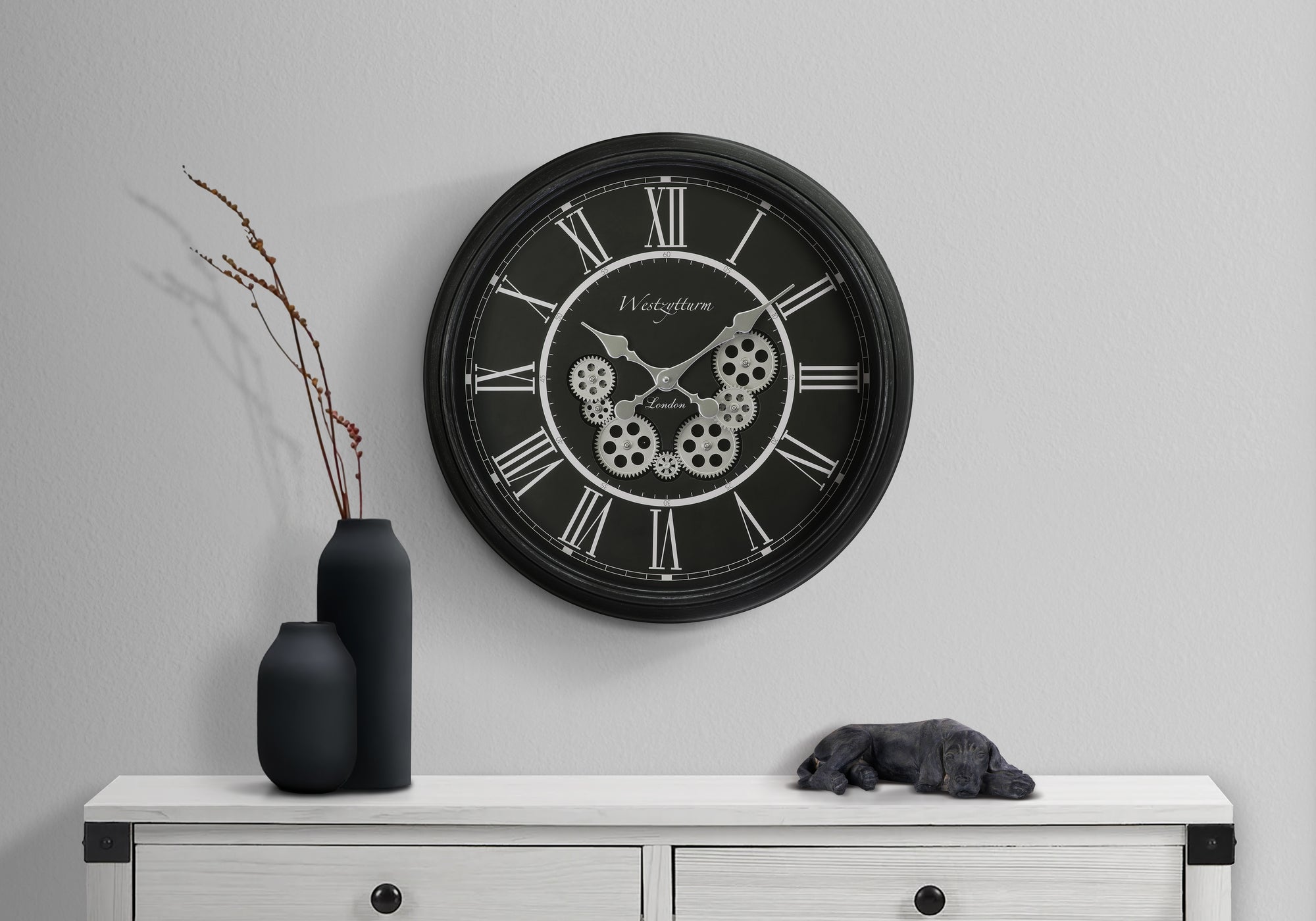 Clocks, 23' Round, Gear Mechanism, Wall Clock, Black, Transitional