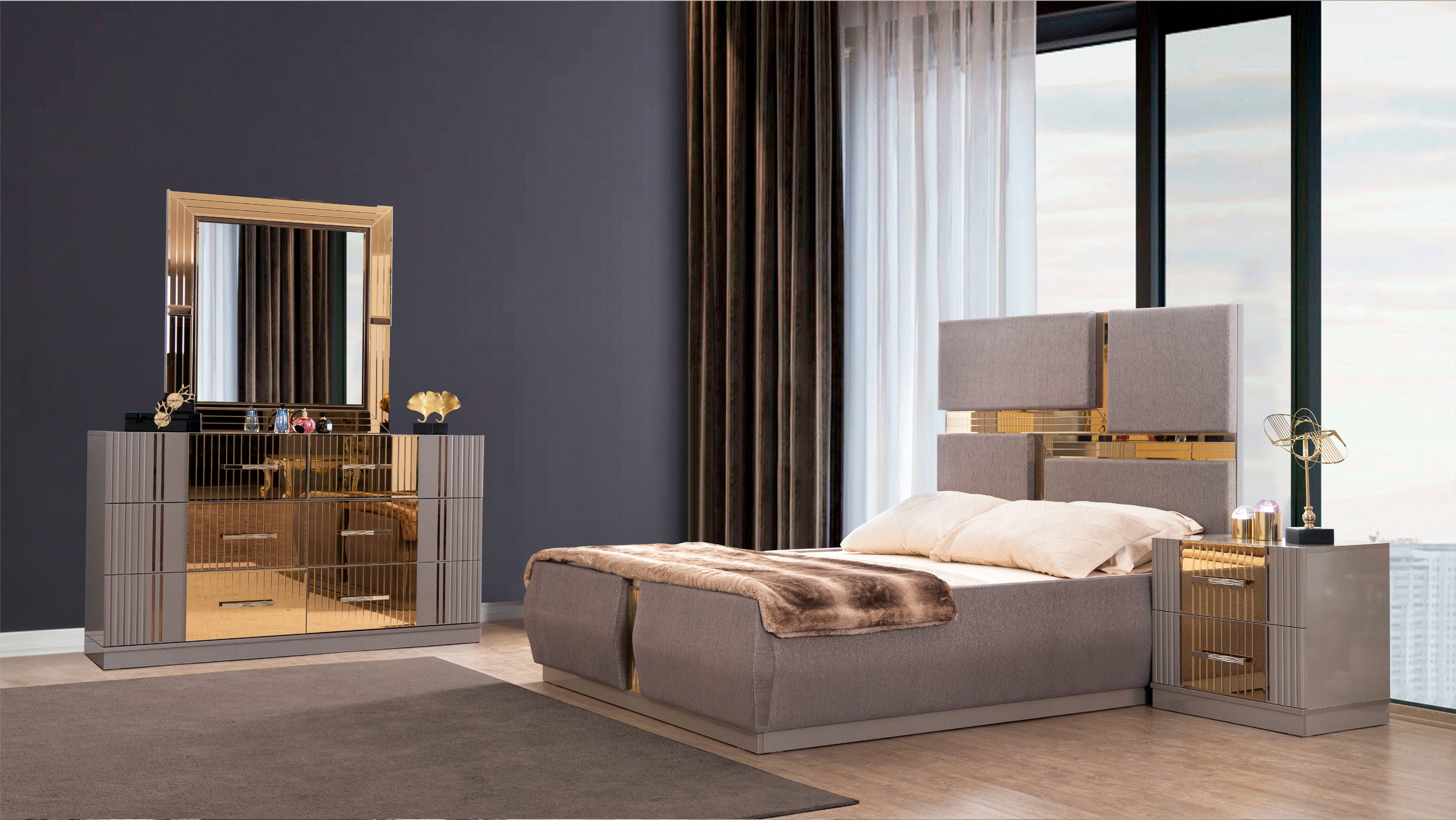 Lorenzo Queen 4 Pc Bedroom Set made with wood and gold accents in Gray(CA warehouse Inventory)
