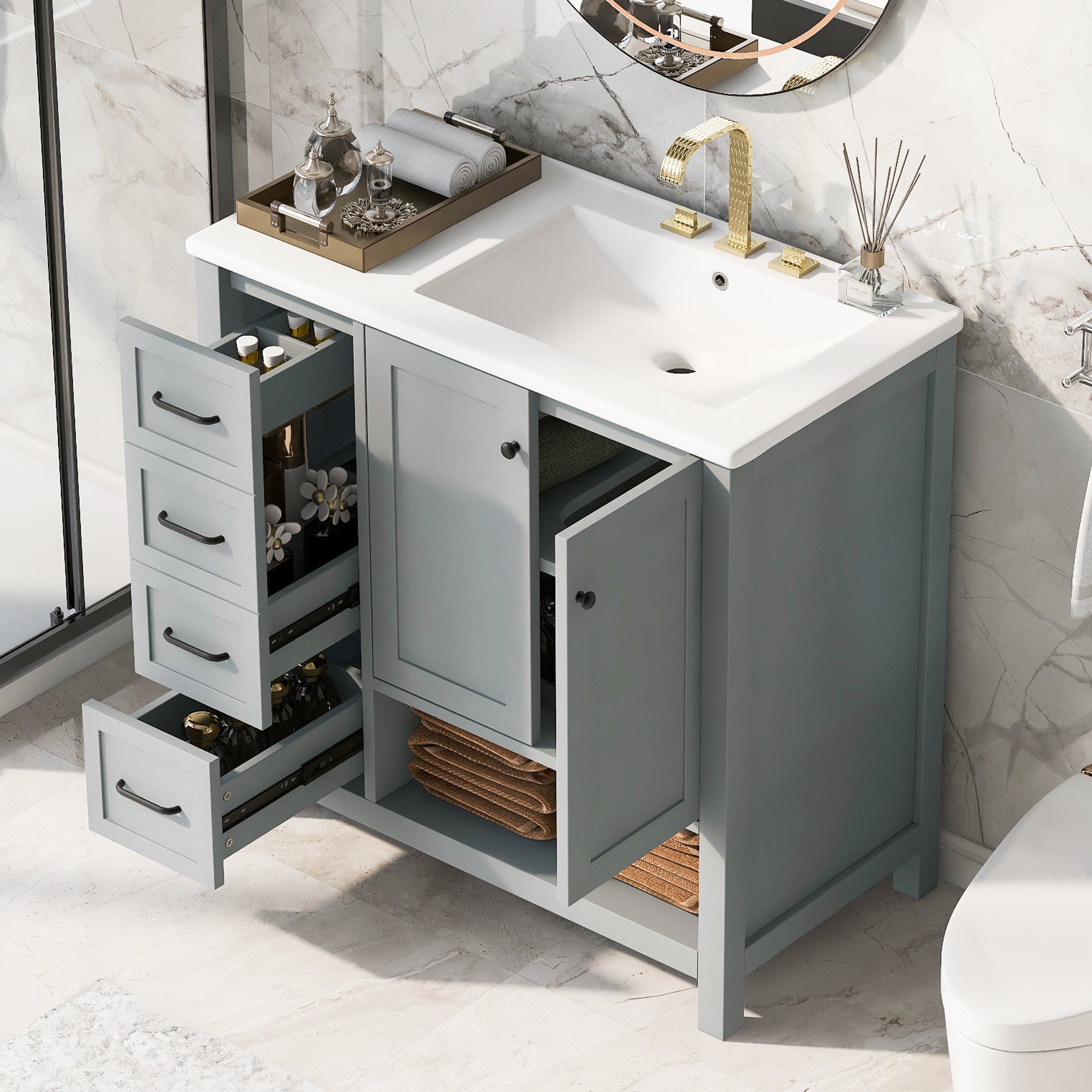 36' Bathroom Vanity with Sink Top, Bathroom Vanity Cabinet with Two Doors and Two Drawers, Solid Wood, Open shelf, MDF Boards, One Package, Grey