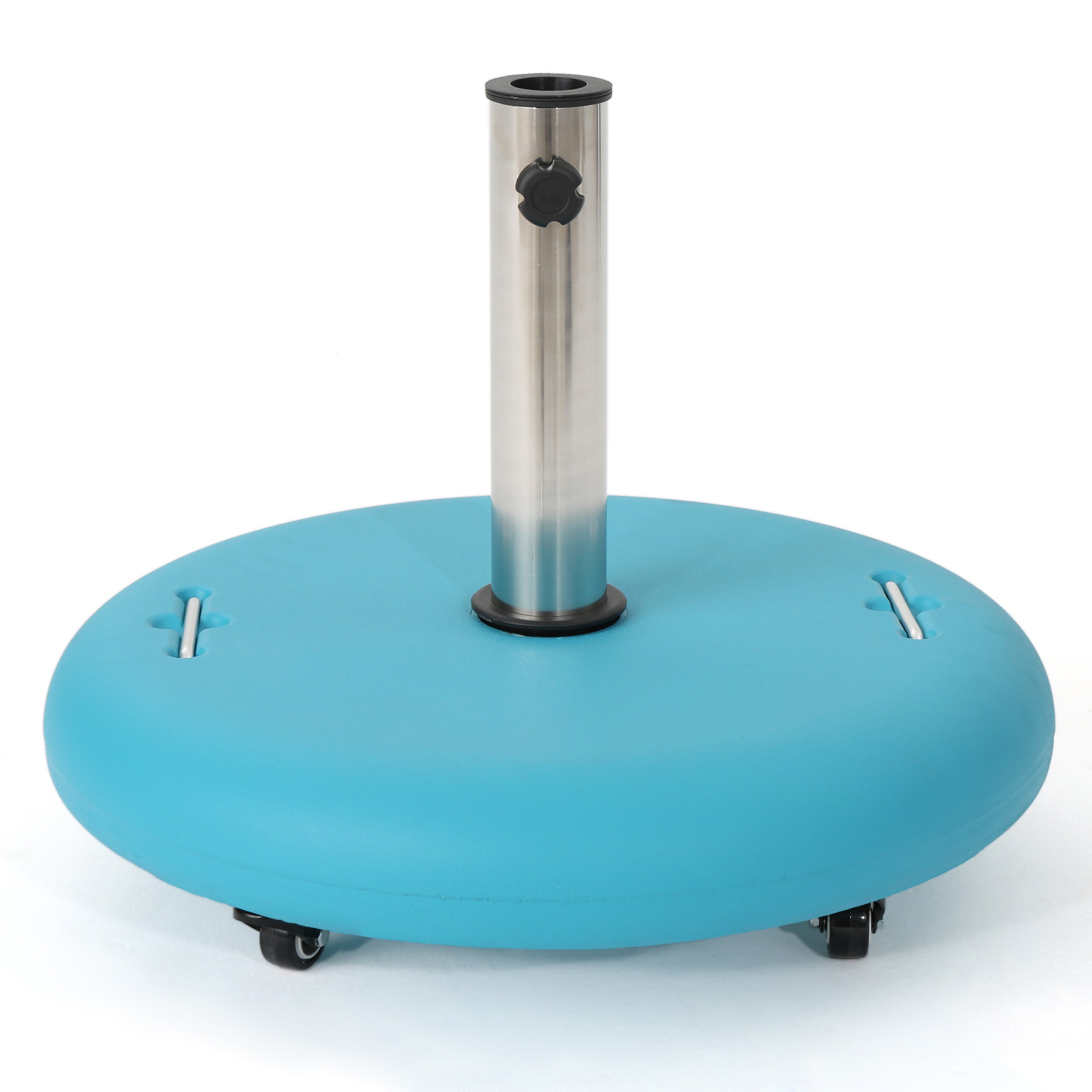 Stylish Round Wheelie Umbrella Base with Stainless Steel Holder in Teal Concrete Finish