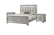 Modern King Size Panel Bed Nightstand 3pc Set Integrated Led Lighting Tufted Headboard Wood Grain Soft Gray Finish Wooden Solid Wood Furniture