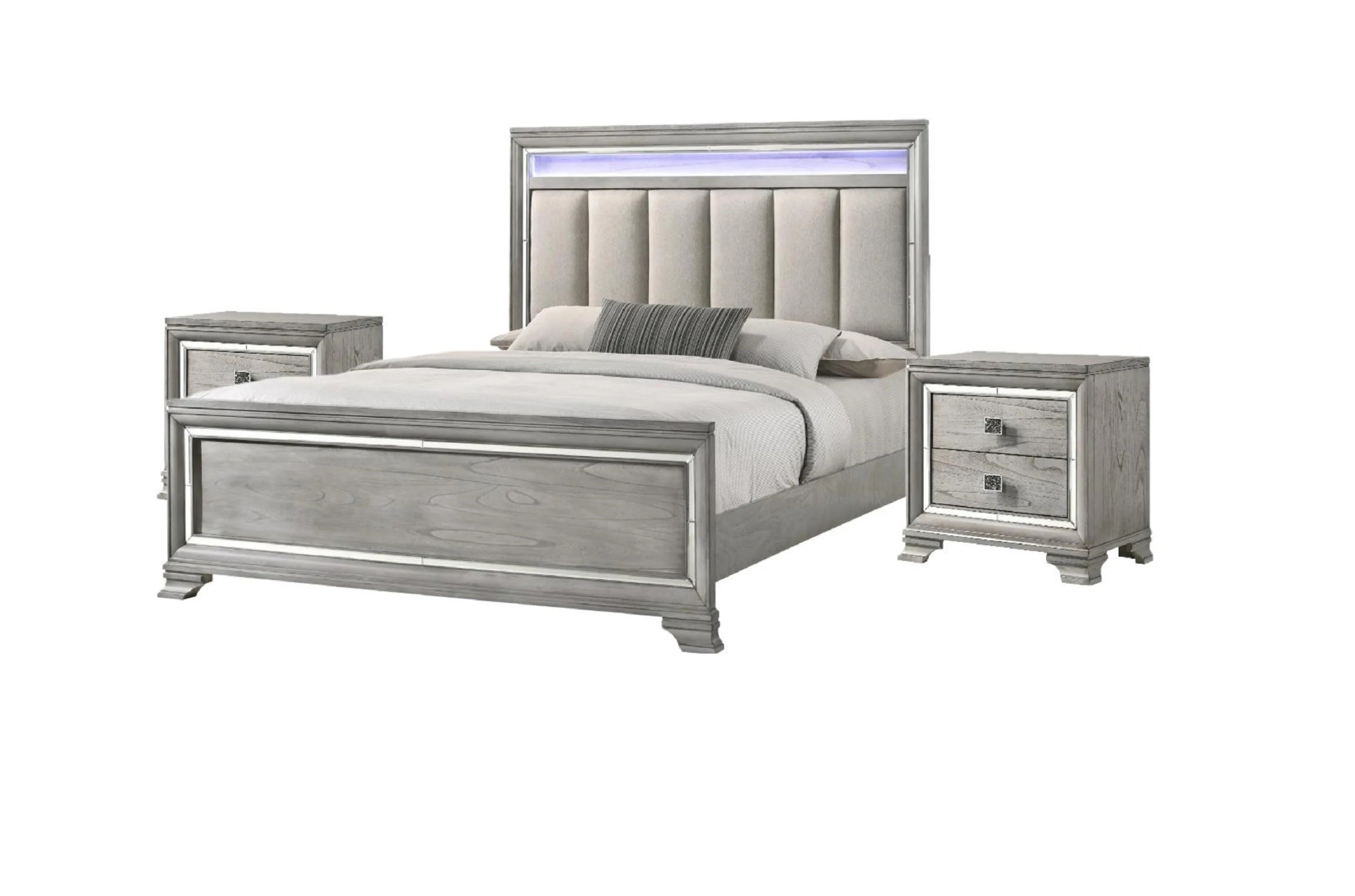 Modern King Size Panel Bed Nightstand 3pc Set Integrated Led Lighting Tufted Headboard Wood Grain Soft Gray Finish Wooden Solid Wood Furniture