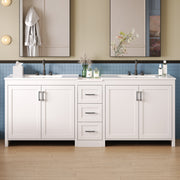 84' Double-Sink Bathroom Vanity, 2 Ceramic Sinks and a Quartz Countertop, with Adjustable Shelves and 3 Drawers, Large storage space, Silver Metal Handles and Soft Close Hinges Design, White