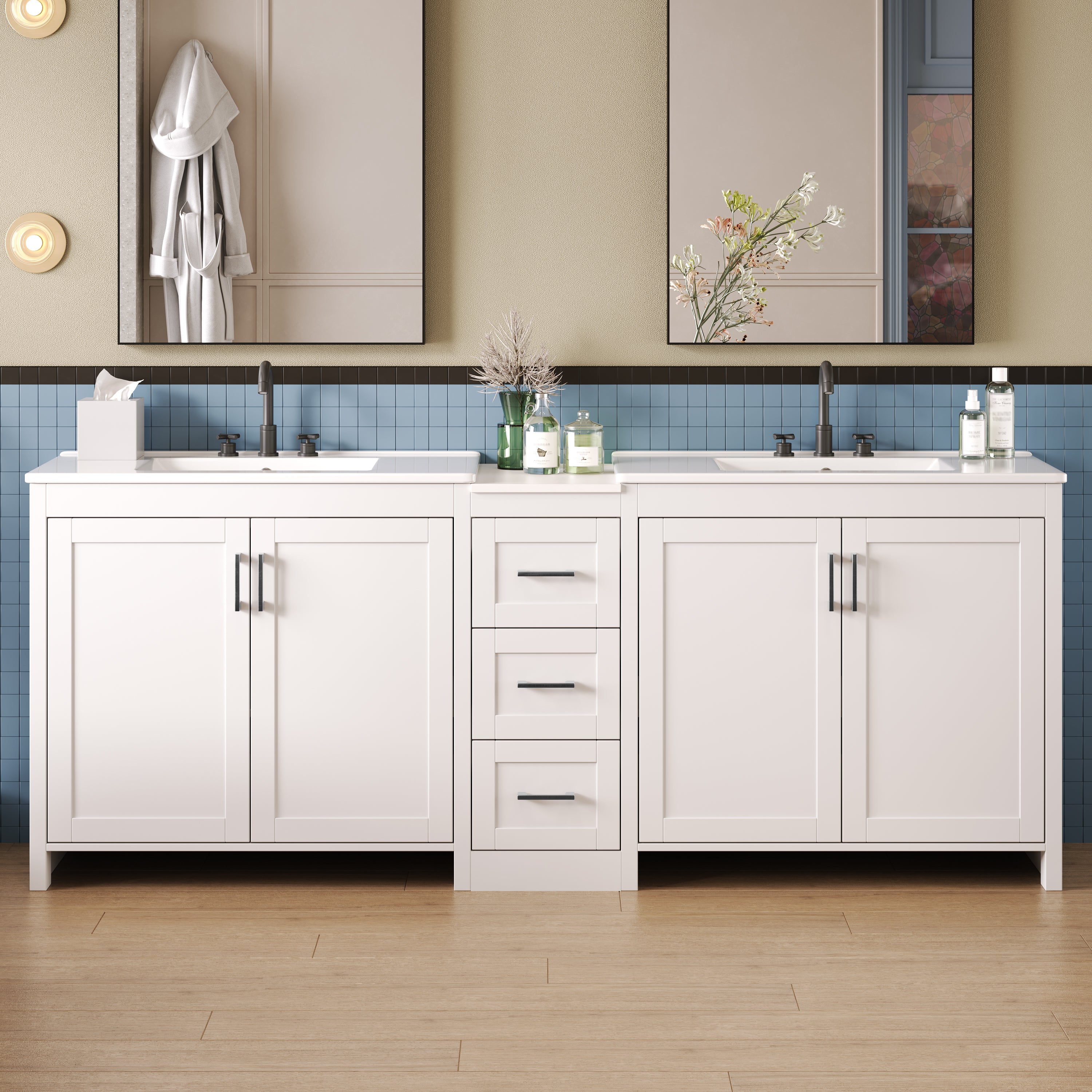 84' Double-Sink Bathroom Vanity, 2 Ceramic Sinks and a Quartz Countertop, with Adjustable Shelves and 3 Drawers, Large storage space, Silver Metal Handles and Soft Close Hinges Design, White