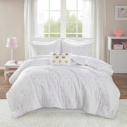 4 PCS Full/Queen Metallic Printed Plush Comforter Set with Throw Pillow White/Gold