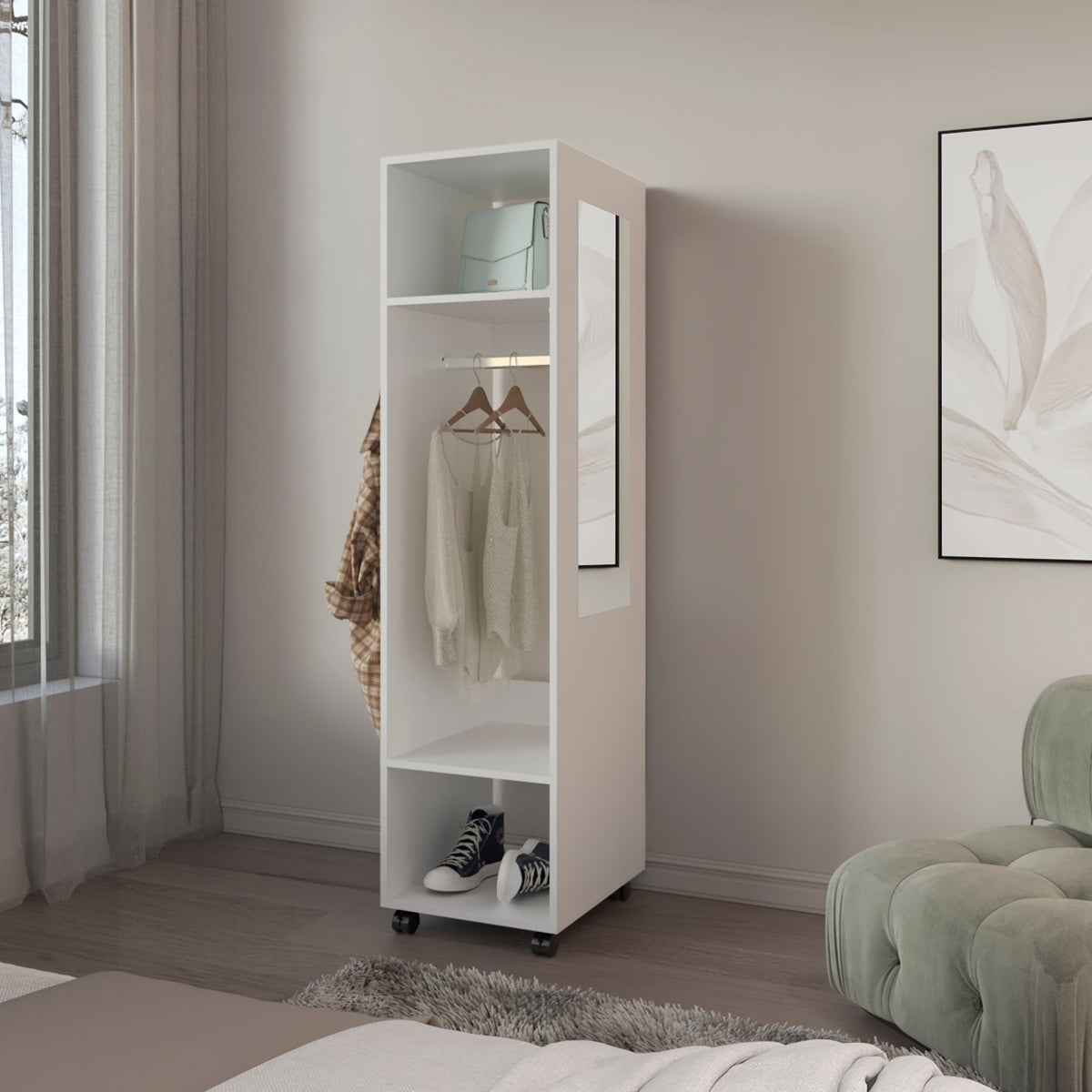 Armoire 63'H, with 3 Shelves, 1 Mirror, and 4 Wheels, White