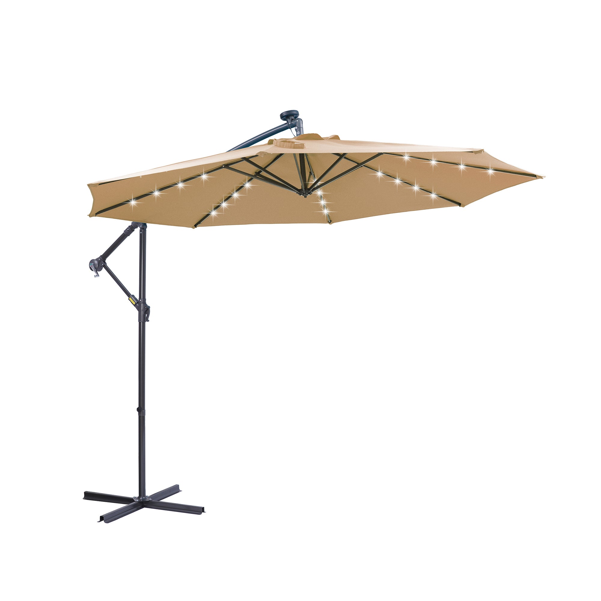 Outdoor Cantilever Patio Umbrella with 32 LED Lights, 10 ft (120 in) Hanging Design, Easy Open Adjustment – Taupe Metal Frame