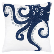 Blue Octopus Patterned Pillow Cover with Matching Back in White Polyester Fabric, 20x20 Inches