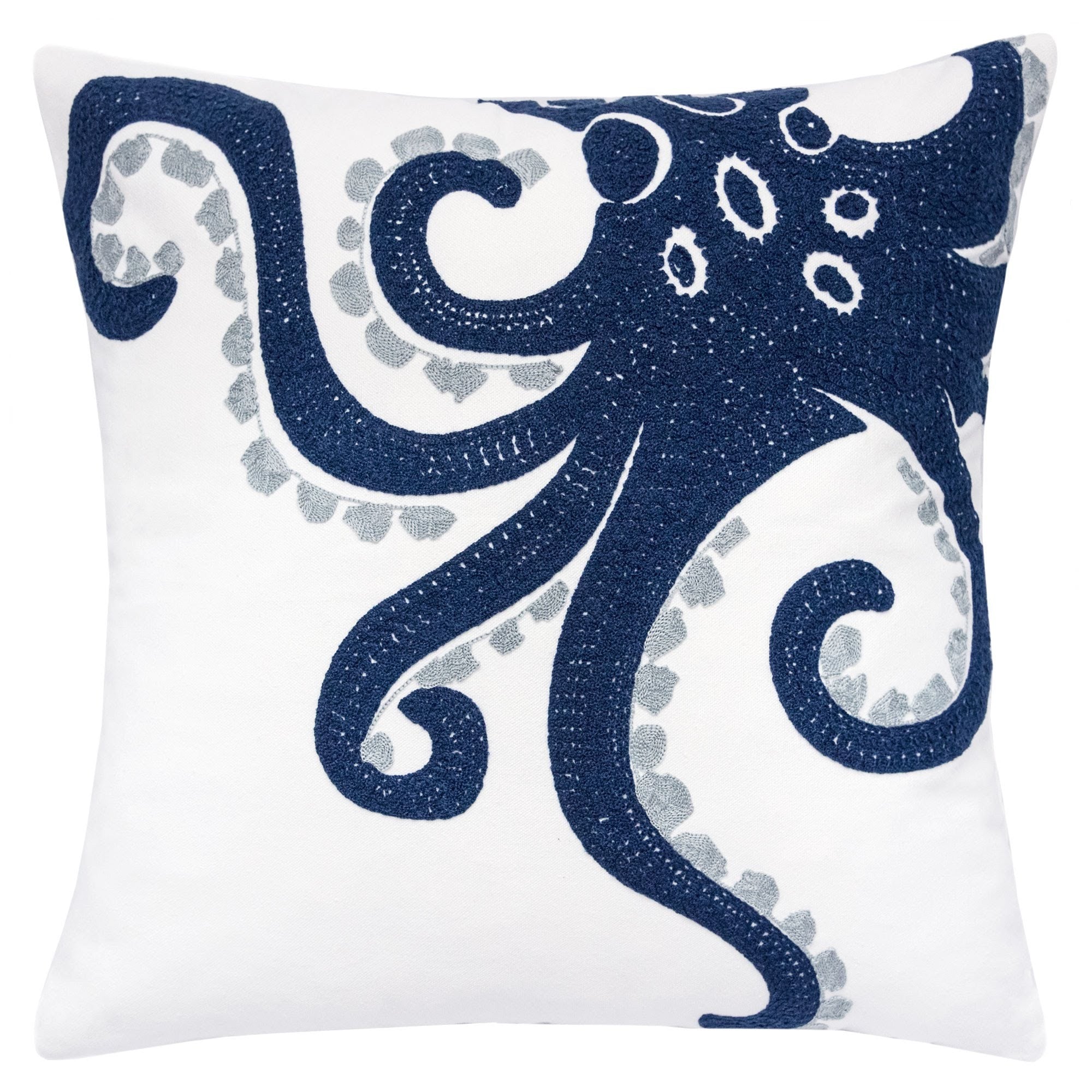 Blue Octopus Patterned Pillow Cover with Matching Back in White Polyester Fabric, 20x20 Inches