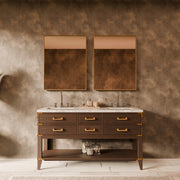 Brown Oak Double Bath Vanity 60 in. W x 22 in. D, Carrara Marble Top, and Faucet Set