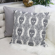 Gothic Damask Skull Throw Pillow – Black & White Cotton Linen