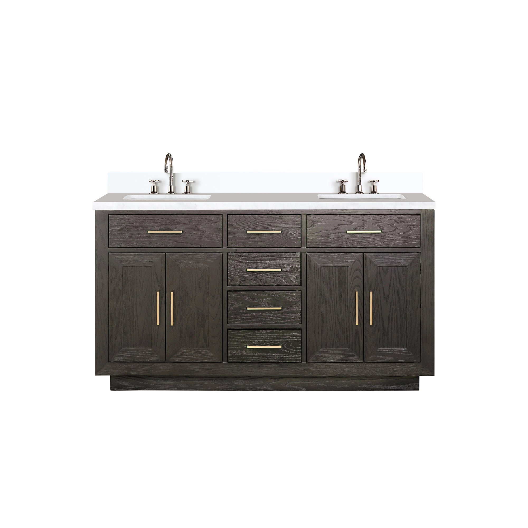 Brown Oak Double Bath Vanity 60 in. W x 22 in. D, Cultured Marble Top, and Faucet Set