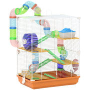 PawHut 18' 5 Tier Hamster Cage with Tubes and Tunnels, Small Animal Cage with Portable Carry Handle, Gerbil Cage with Water Bottle, Food Dish, Exercise Wheel, Orange