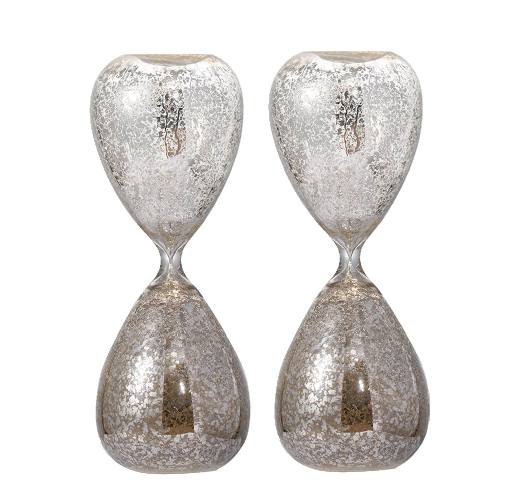 Set of 2, 10' Peleus 60-Minute Silvered Hourglass, Bisque Sand