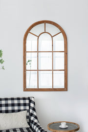 34x54.3' Large Arched Accent Mirror with Brown Frame with Decorative Window Look Classic Architecture Style Solid Fir Wood Interior Decor